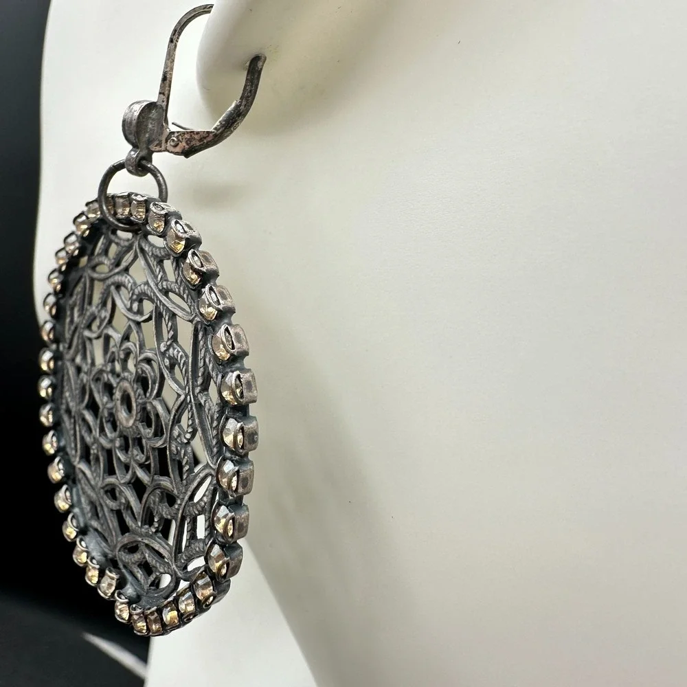 VTG‎ Oxidized Dangle Earrings Brown Rhinestone Filigree Flower Circle Statement